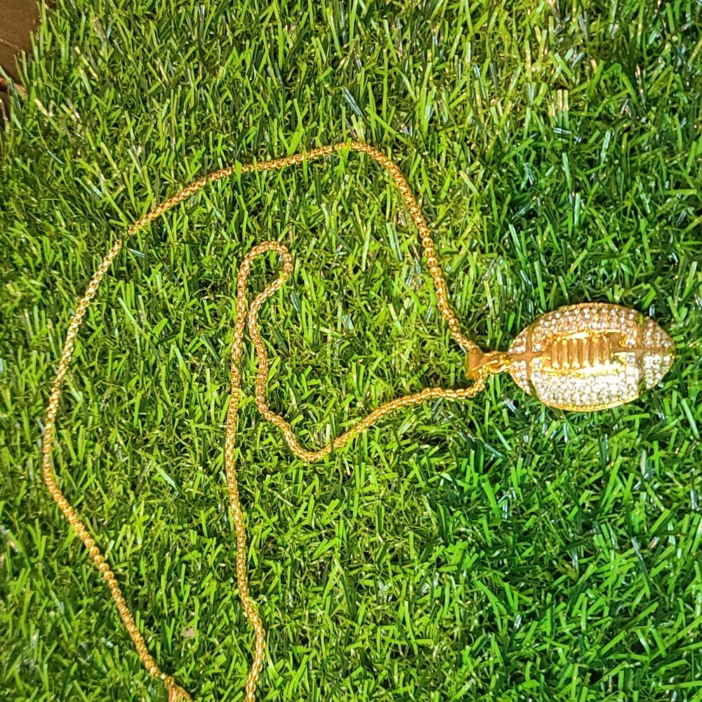 Football goldtone rhinestone pendant with chain Any Gender NWT